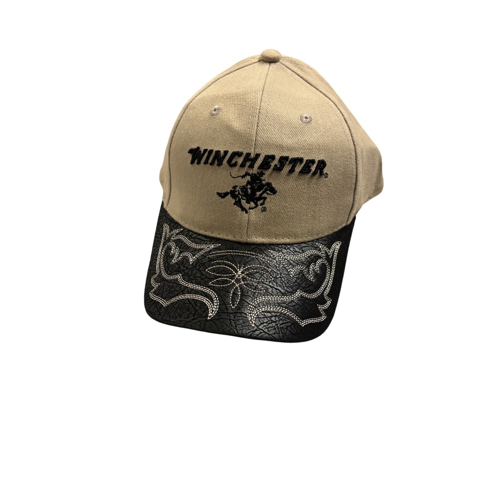 Winchester Repeating Arms Baseball Cap Tan Black Faux Leather Western Stitch Hat